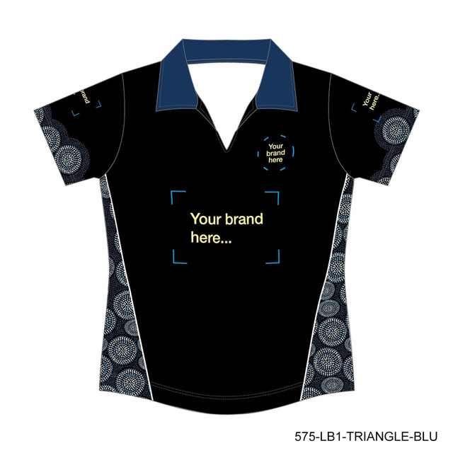 A women's polo shirt featuring a black design with blue accents and patterned sides. It includes a logo area.