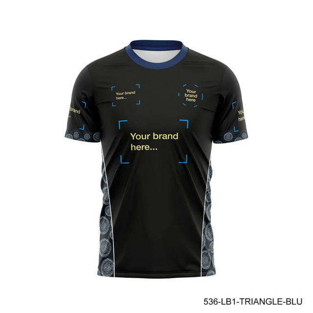 A black sports t-shirt with blue accents and a patterned design on the sides. It features multiple branding areas.