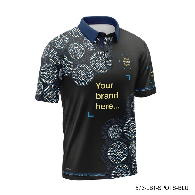 A black polo shirt with blue collar, featuring a circular design and a logo. Ideal for custom branding.