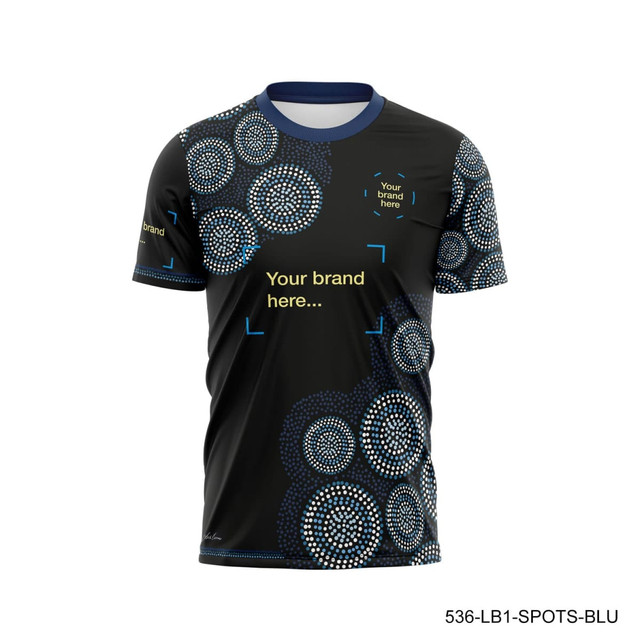 A black polo shirt with blue and white circular patterns, featuring branding elements.