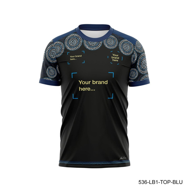 A black sports T-shirt with decorative patterns and a branding space on the front.