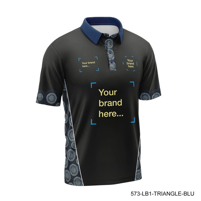 A black polo shirt with blue collar, featuring a patterned design and a logo space on the front.