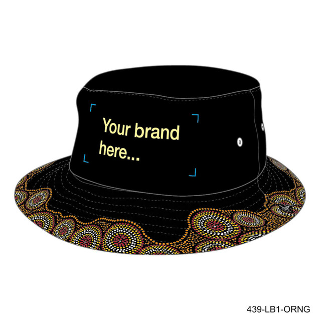 A black sublimated bucket hat with a colourful, patterned trim and a space for branding.