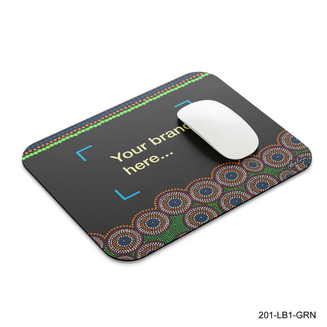 A rectangular mouse pad featuring a vibrant pattern with green, red, and blue elements, with a white mouse on top.