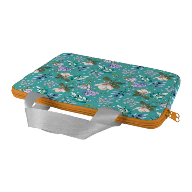 A zippered laptop and tablet sleeve features a floral pattern in shades of turquoise, with a grey handle and orange zipper.