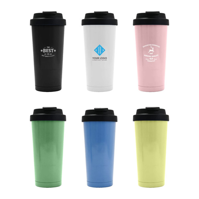 A drink bottle set featuring six tumblers in black, white, pink, green, blue, and yellow, each with a different logo.