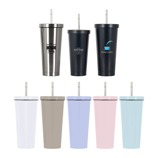 A drink bottle display featuring stainless steel tumblers in various colours: white, beige, pink, blue, and insulated designs with straws.