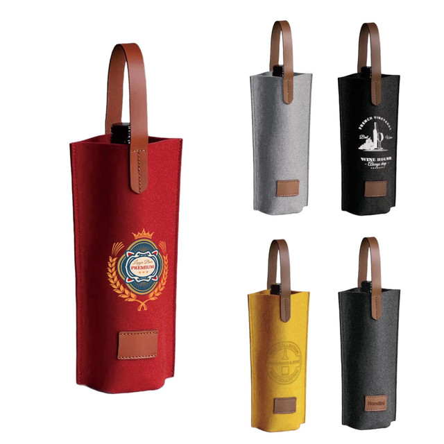 A drink bottle bag made of felt, available in red, grey, black, and yellow, with a handle and logo branding.