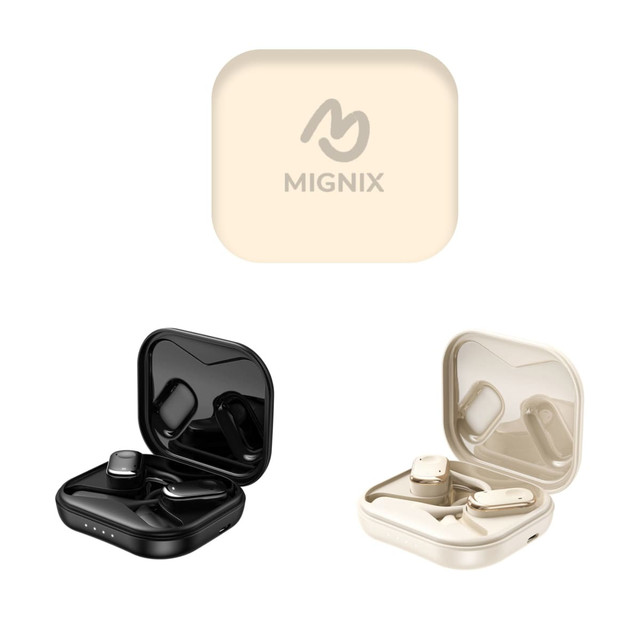 Open-ear headphones in black and cream cases, with a logo on the cream case, displayed together.