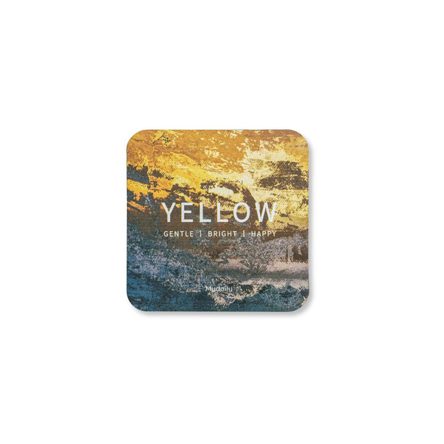 A square frosted metal coaster featuring a vibrant yellow, blue, and orange design with a logo.