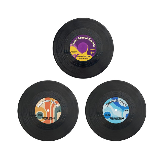 Three black coasters designed to resemble vinyl records, each with unique colourful labels and a logo.