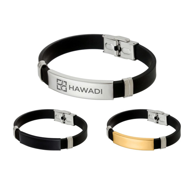 A metal buckle latch bracelet in black with silver and gold accents, featuring a logo on the central metal plate.