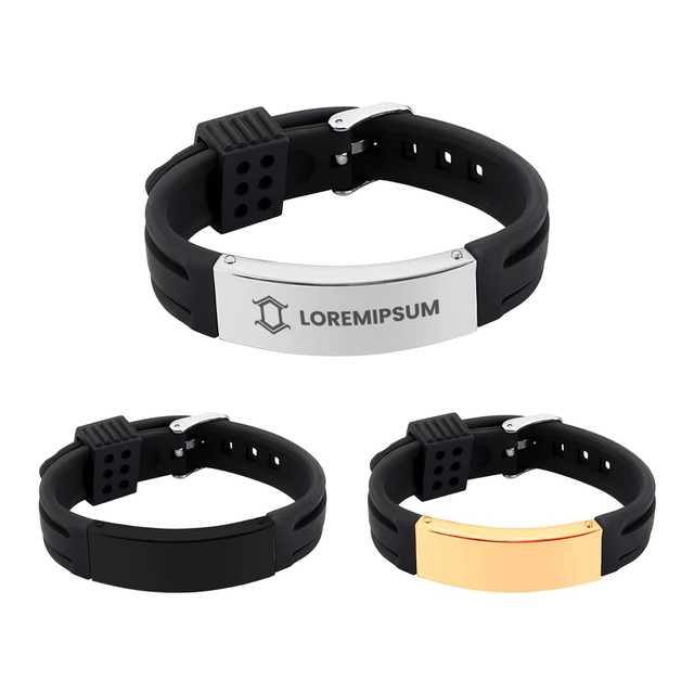 A metal strap bracelet in black, silver, and rose gold, featuring a logo on the silver version.