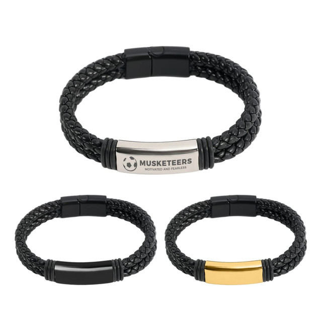 A double-row braided leather bracelet in black, featuring a metal clasp and an engraved logo.