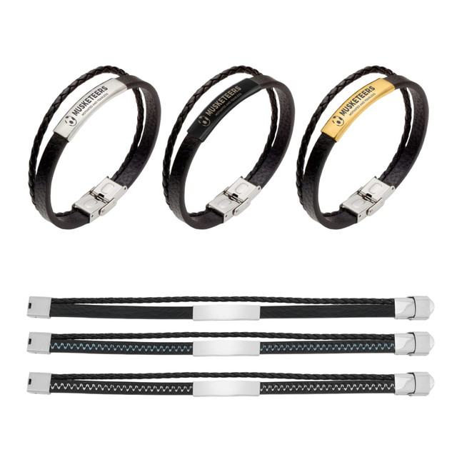 A set of double-layer leather bracelets in black and gold, featuring metal clasps and branding.