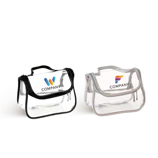 Two transparent cosmetic bags displayed in black and clear, featuring different logos on the front.