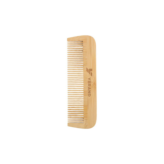 A fine-tooth bamboo comb in a natural finish with a logo on one side. The comb features evenly spaced teeth.