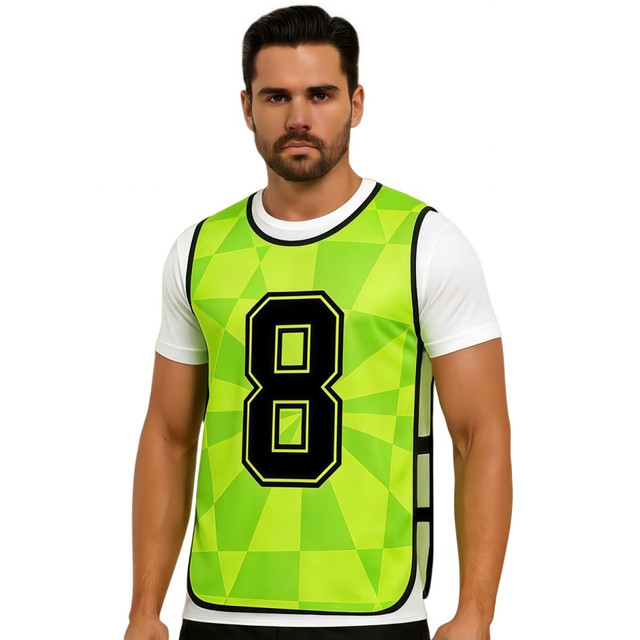 A green training bib featuring a large black number 8, worn over a white shirt. It has a logo on the front.