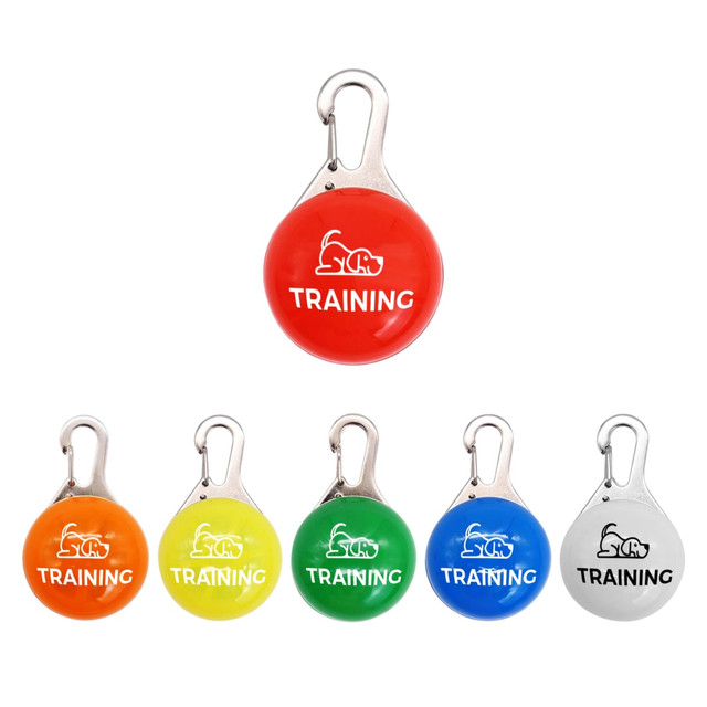 A set of clip-on training clickers in red, orange, yellow, green, blue, and silver colours, each with a logo.