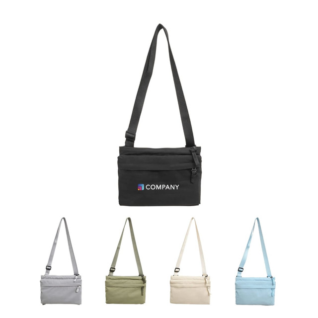 A lightweight crossbody bag in black, along with versions in grey, green, beige, and blue. Each has an adjustable strap.