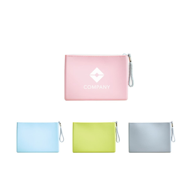 A silicone cosmetic pouch in pink, blue, green, and grey, each featuring a logo.