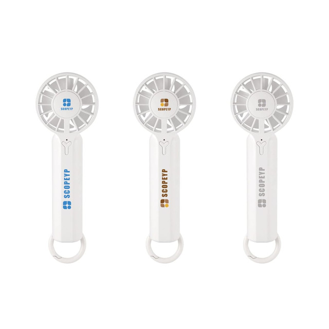 A portable handheld fan in white with three different coloured accents: blue, bronze, and orange. Features a branding logo.