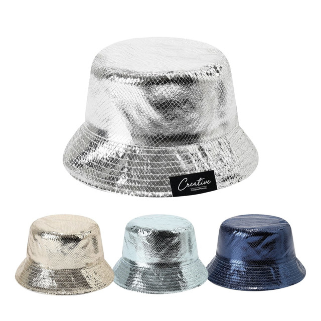 A shiny silver bucket hat with a metallic finish, available alongside gold, light blue, and navy options, featuring a logo.