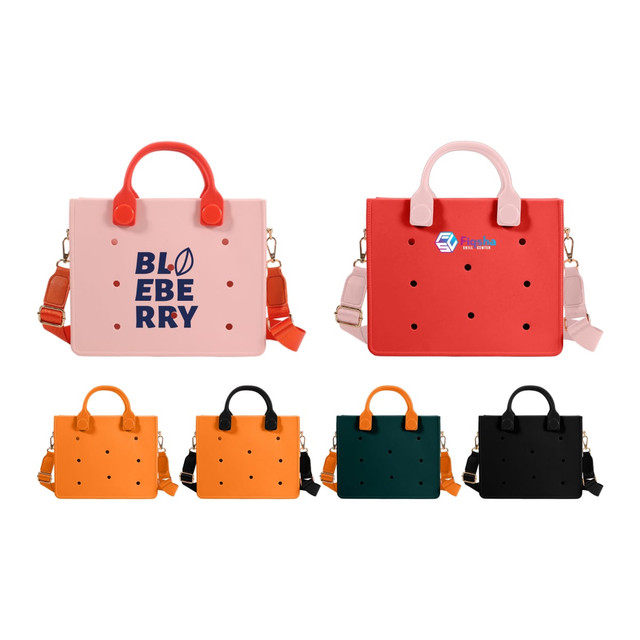 Casual tote bags in pink, red, orange, green, and black with perforated designs and branding.