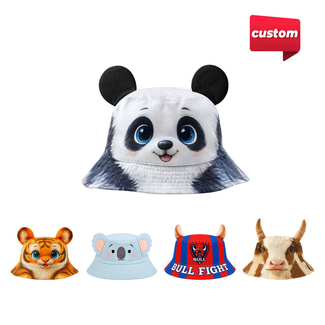 A panda-themed bucket hat with animal ears, featuring a cartoonish design in black, white, and grey.