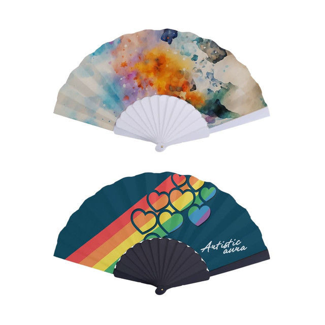A paper hand-held fan featuring a colourful, artistic design with abstract patterns and heart motifs in vibrant colours.