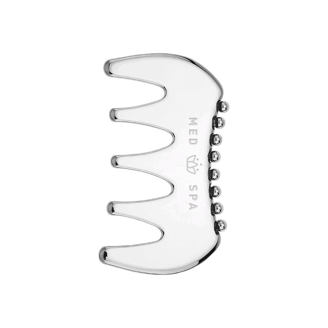 A metallic 2 in 1 scraping board with multiple rounded prongs, designed for health and beauty use.