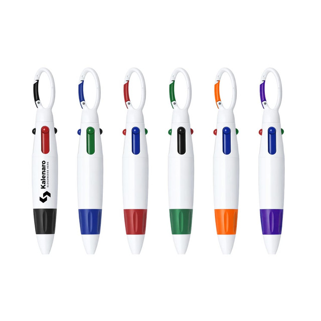 A set of six carabiner pens in white, featuring various coloured buttons and clips. Each pen includes a logo.