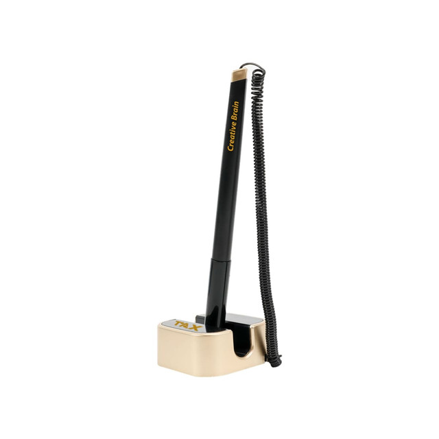 A black signature pen with a coiled cord, attached to a tan holder. The holder features a logo.