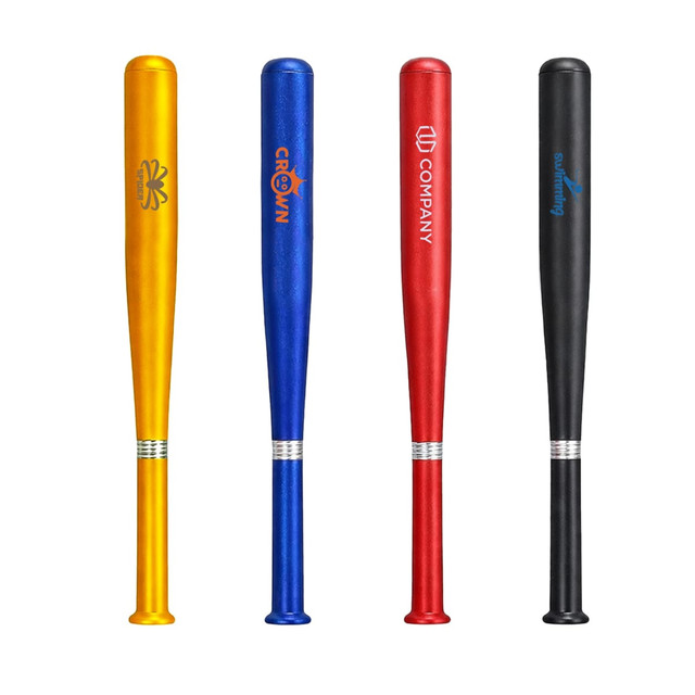 A set of four plastic baseball bat shape pens in yellow, blue, red, and black, each with a logo.