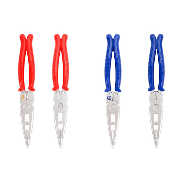 A plier-shaped ballpoint pen featuring red and blue handles, with silver metal detailing. It has a logo on one side.