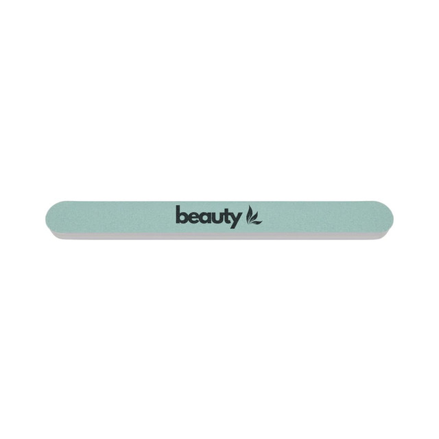 A double-sided polished nail file in a soft green and white colour, featuring a logo.