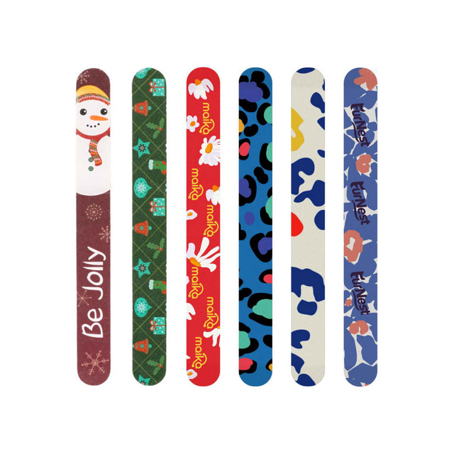 A collection of six colourful sandpaper nail files featuring various festive and playful designs.
