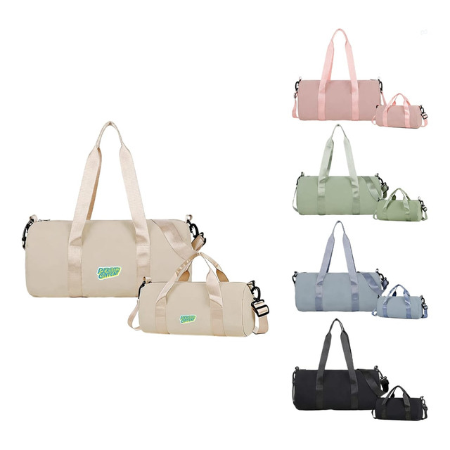 A range of bucket duffle bags in beige, pink, green, grey, and black with wide straps and a logo.