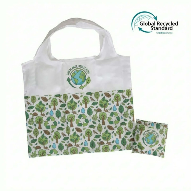 A foldable shopping bag in white and green features a nature-themed design and includes a small matching pouch for storage.