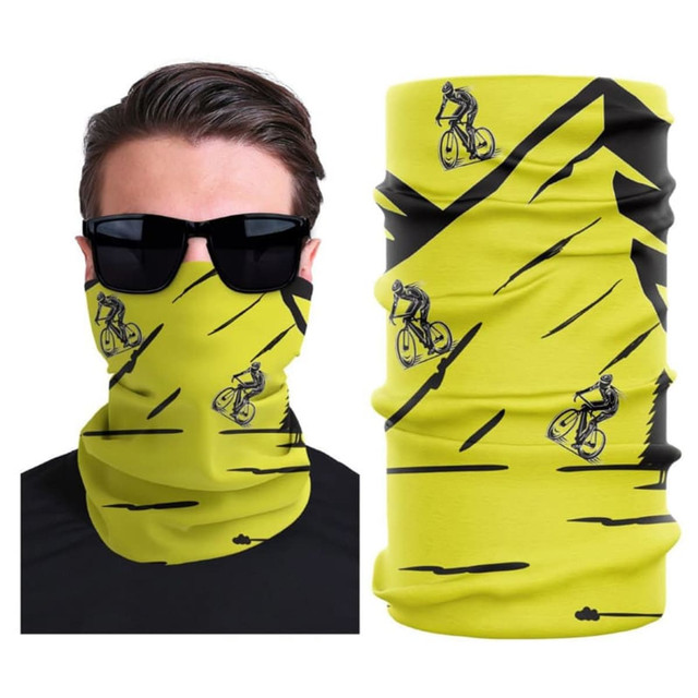 A multi-purpose headwear in bright yellow with black bicycle designs and a logo.