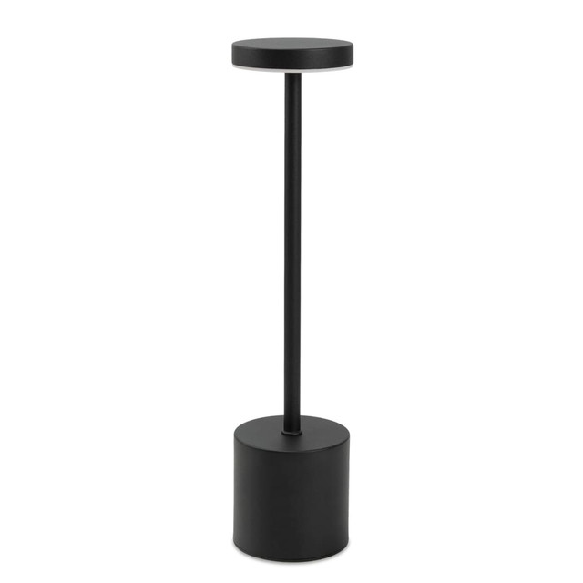 A black rechargeable table lamp with a cylindrical base and a flat, circular top. It features a simple, modern design.