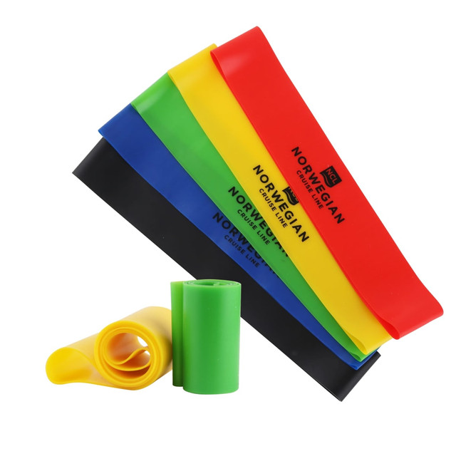 Five latex-free TPE fitness resistance bands in black, blue, red, yellow, and green, with a logo on them.