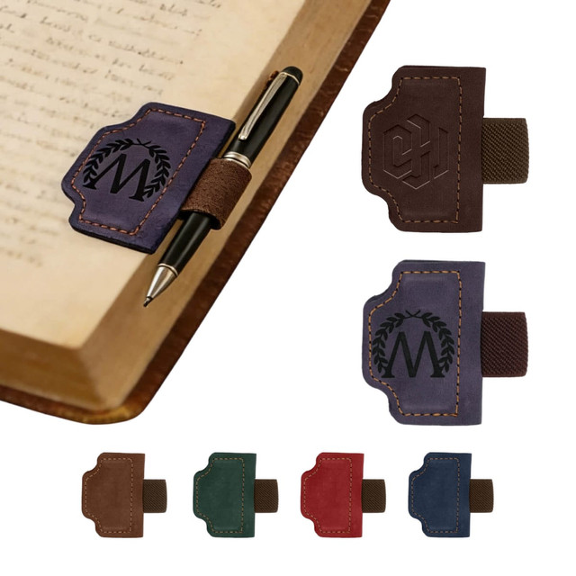 A magnetic bookmark with pen clip in brown, featuring logos, alongside options in navy, green, red, and black.