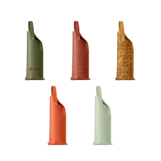 A collection of five PU leather wine bags in green, red, orange, yellow, and mint, featuring various designs and a logo.