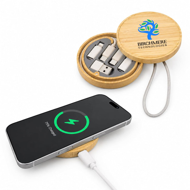 A bamboo wireless charger set with a phone on top, showing a charging indicator, and a compact storage case.