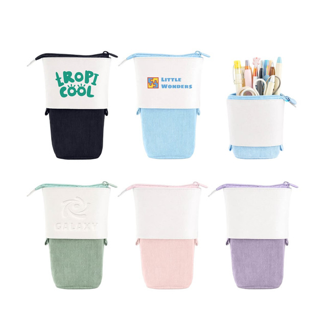 An assortment of expandable pencil cases in various colours, each filled with pens and stationery items, featuring logos.