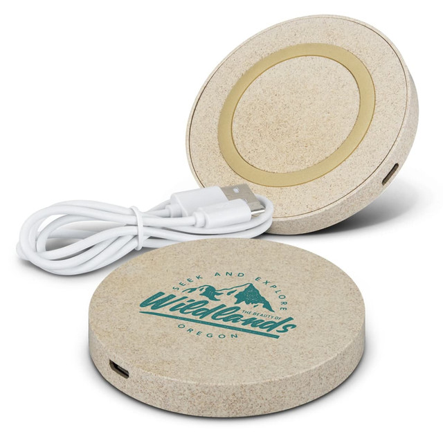 A round beige wireless charger with a logo and a white charging cable. Features a smooth surface for device placement.