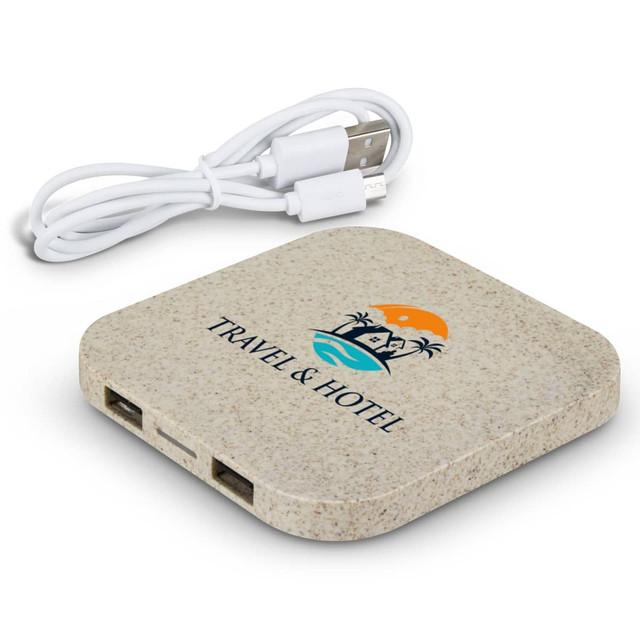 A square wireless charger in a textured beige finish, accompanied by a white USB cable and featuring a logo.