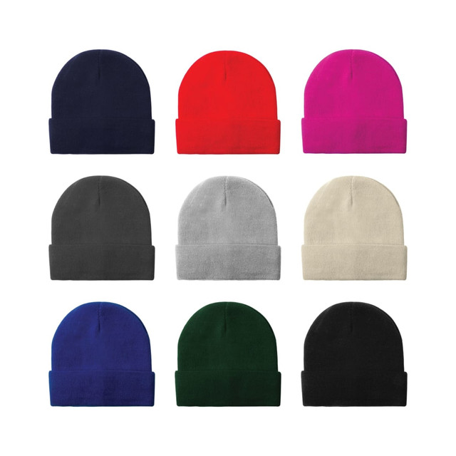 A set of acrylic rollup beanie hats in navy, red, pink, grey, cream, charcoal, green, and black, featuring a logo.