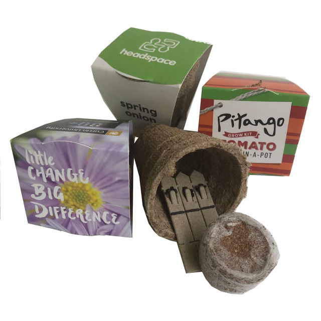 A collection of seed grow kits in colourful packaging, including a biodegradable pot, wooden labels, and seed tablets.